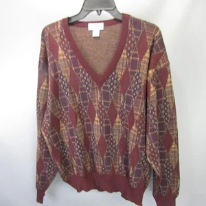Tricots St. Raphael 100% Wool Argyle V-Neck Sweater Men's Size L Burgundy Large - Picture 1 of 10