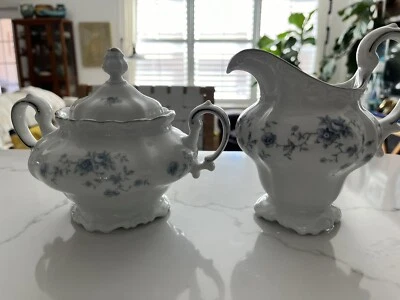 Johann Haviland Baviera Alemania Guirnalda Azul Azúcar Cuenco y Crema Set ~COMO NUEVO~ Foto 1 de 4