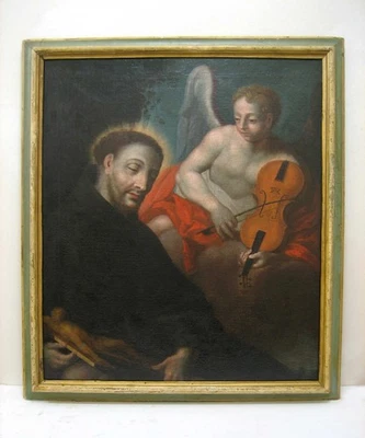 Ölgemälde alt antik 18.Jh. Heiliger Franziskus Assisi Engel Musik Violin Barock - Bild 1 von 4