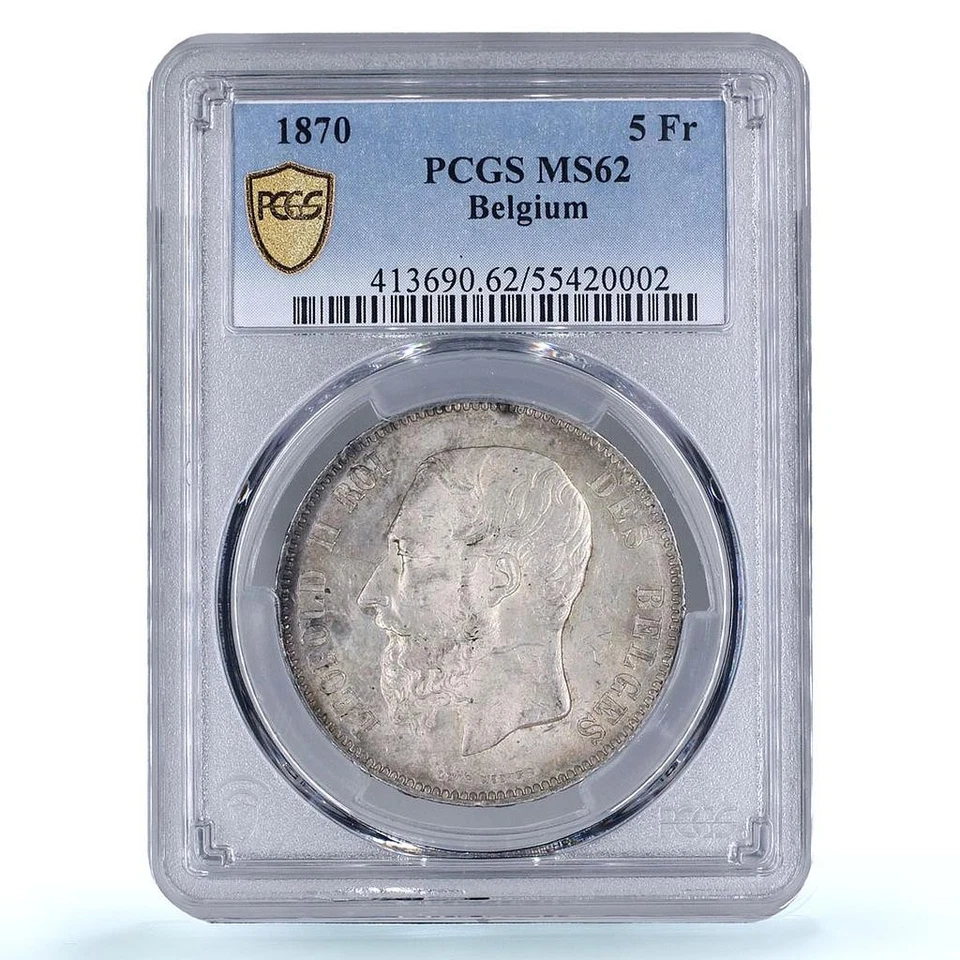 Belgium 5 francs King Leopold II Coinage KM-24 MS62 PCGS silver coin 1870 - Image 1 of 4