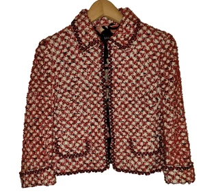 Chaqueta Blazer ESCADA Rojo Blanco Pata de Gallo Boucle Tweed Vacaciones de Navidad EU34/S - Imagen 1 de 24