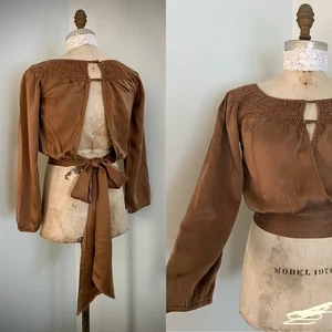 BCBGMAXAZRIA Y2K Brown Silk Statement Blouse Womens M Festival Fairy Whimsigoth - Picture 1 of 10