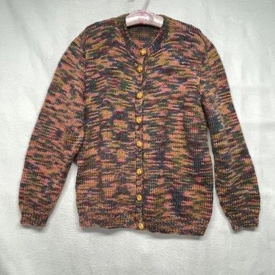 Vintage Hand Knit Sweater Womens Large Multicolor Button Front Cardigan Wool 90s - Image 1 of 4