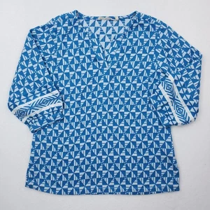 Soft Surroundings Shirt Womens Medium Blue White V-Neck 3/4 Sleeve Geometric - Picture 1 of 12