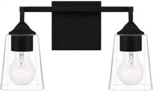 QUOIZEL MATTE BLACK 2 LIGHT THORESBY VANITY WALL FIXTURE 14" WIDE X 8" TALL - Picture 1 of 3