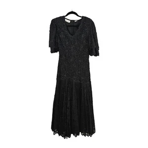 Vintage Laurence Kazar Silk Beaded Gown Dress Formal Women's M Black Sequin - Picture 1 of 13