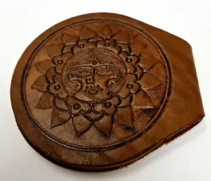 Vtg Tooled Leather Compact 3 1/2" Makeup Mirror Sun Kissy Face Girl Fold over - Picture 1 of 12