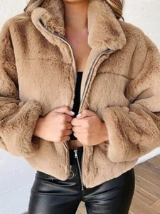 Women Fashion Short Faux Fur Trench Coat Fuzzy Jacket Hooded Block Patchwork Zip - Picture 1 of 13