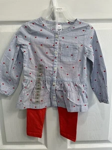 Carter's Girls Long Slv  Button Up Striped Heart Pattern Top Leggings 2 Pc SZ 2T - Picture 1 of 3
