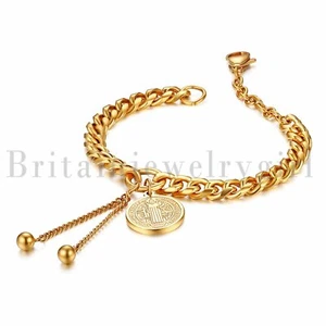 Gold Plated Steel Catholic St. Benedict Exorcism Medal Cuban Chain Bracelet 7.9" - Picture 1 of 7
