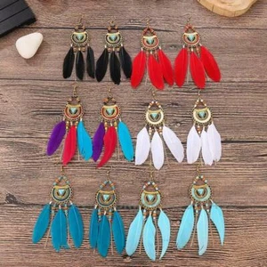 Feather Earrings Boho Tassel Long Swing Dangle White Black Turquoise Burgundy UK - Picture 1 of 14