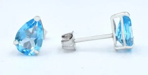 GENUINE 2.10 Cts BLUE TOPAZ STUD EARRINGS 14K WHITE GOLD - Free Appraisal - Picture 1 of 6