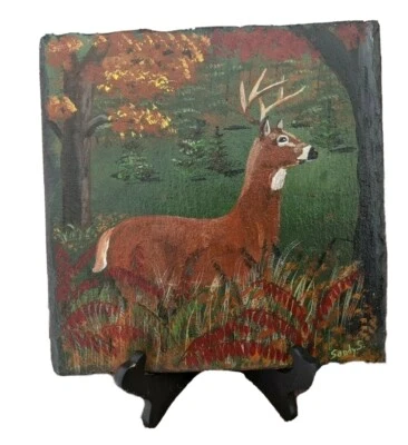 Deer red green forest slate painting lake, cabin, WITH stand, 10 1/4" x 10 1/8" - Image 1 of 4