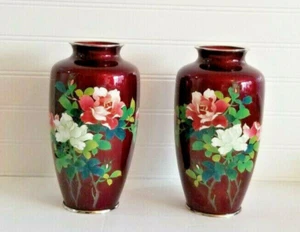 Set 2 Japanese Cloisonne Vase Red Ginbari Hand Painted Roses Mirror Image 8.25" - Picture 1 of 12