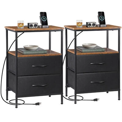 Night Stand Set 2 Bedside Tables for Bedroom End Side Table with Fabric Drawers - Image 1 of 4