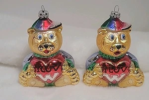 2 VTG Teddy Bear Blown Glass Christmas Ornaments Glittery Holding Heart I LUV W - Picture 1 of 6