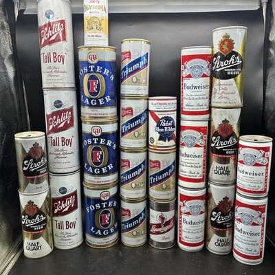 Lot 24 VTG Beer Cans Schlitz Tall Boy Foster Budweiser Steel Pull Tab Stroh’s - Image 1 of 4