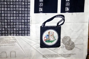 QUILT THEMED TOTE BAG PANEL IN NAVY - 100% COTTON FABRIC - Picture 1 of 8