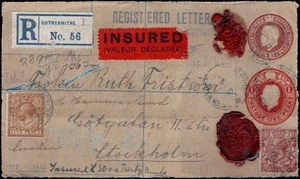 1890er GB Einschreiben Versicherter Brief nach Stockholm mit Wachssiegeln & Mehrfachmarken - Bild 1 von 2