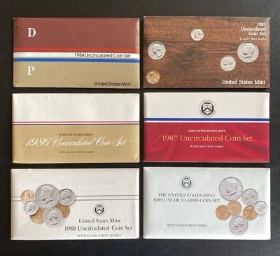 Lot of 6 US Mint Coin Sets D&P 1984-1989 Uncirculated Orig. Gov’t Packaging OGP - Image 1 of 4