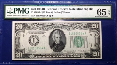 1934B $20 Federal Reserve Note Fr-2056-I Minneapolis PMG65EPQ Gem - Image 1 of 2