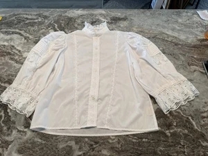Blusa De Colección Karlsbader Talla 42 Grande Ojales Encaje Blusa Victoriana Blanca Mangas Abullonadas - Imagen 1 de 11