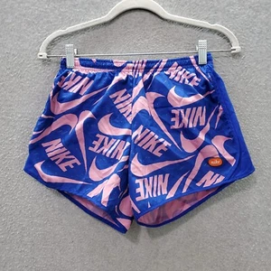 Nike Girls Activewear Shorts XL Blue Pink Dri-Fit Swoosh Spellout Logo Allover - Picture 1 of 9