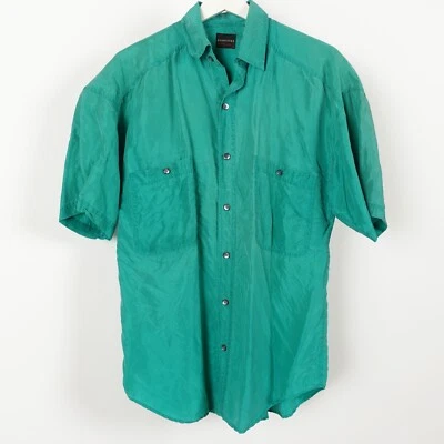 Vintage 90s Structure Men's 100% Silk Shirt Button Short Sleeve Teal Fit Medium - Image 1 of 4