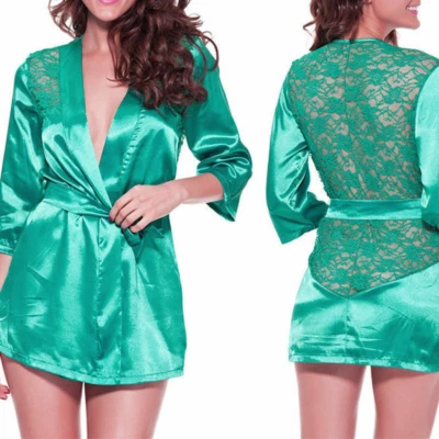 #17 Sexy bata de satén con tanga floral transparente con encaje trasero #17 para mujer Foto 1 de 4