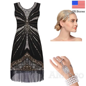 1920's Flapper Great Gatsby Dress Cocktail Sequin Dresses Art Deco 20's Costumes - Picture 1 of 8