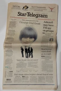 GEORGE HARRISON Death Notice Fort Worth Star Telegram 12/1/01 w/Commemorative Po - Picture 1 of 4