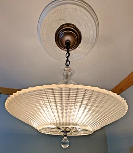 231 Vintage Antique Ceiling Light Lamp Fixture Glass Shade Chandelier 30's 40's - Picture 1 of 7