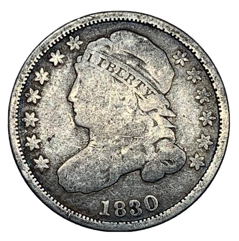 1830 Capped Bust  Dime 10C Silver Coin, VG - F, Small Cover