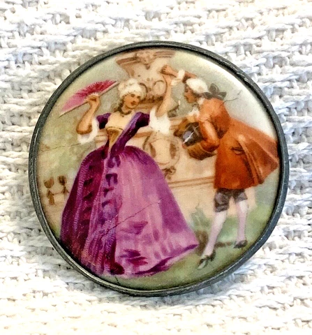 HUGE Antique Painted FRENCH COURTING COUPLE PORCELAIN METAL 1 7/8" Button S24 Cover