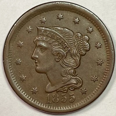 Moneda de centavo grande 1855 vertical 55 N-3 R-1 cabello trenzado sin circular UNC #15060 Foto 1 de 3