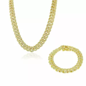 Sterling Silver Gold-Tone CZ Miami Cuban Link Chain Bracelet Set - Picture 1 of 5