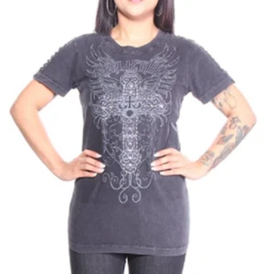 NEU Affliction Appleby Road kurzärmliges verwaschenes schwarzes Damen-T-Shirt Größe Medium - Bild 1 von 2