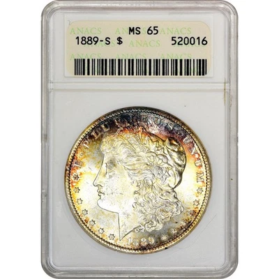 1889s  OLD ANACS  MS65 -  VERY BEAUTIFUL Rainbow Toning Morgan Silver Dollar CC - Image 1 of 4