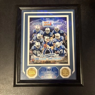Póster campeón de los Colts del Super Bowl XLI con 2 monedas superpuestas de oro de 24kt 9/5000 16x13 Foto 1 de 4