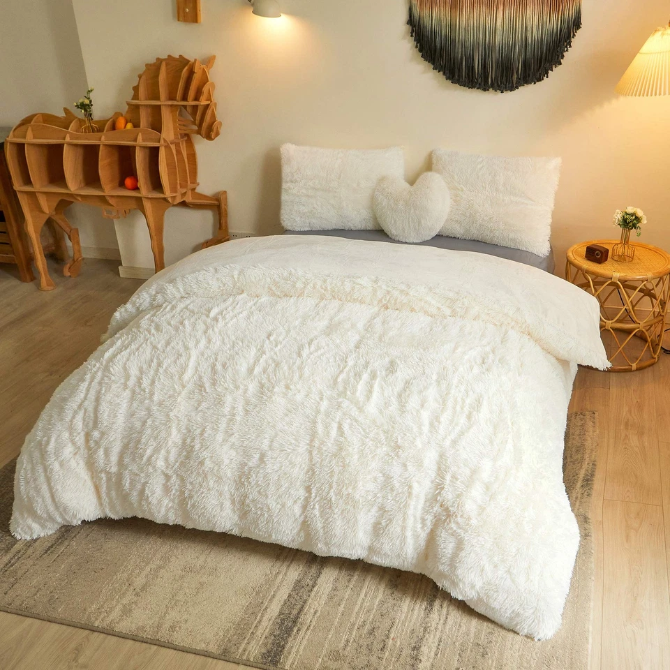 MEGO Luxury Shaggy Faux Fur Duvet Cover Set Ultra Soft 3 Pieces Fluffy King ...