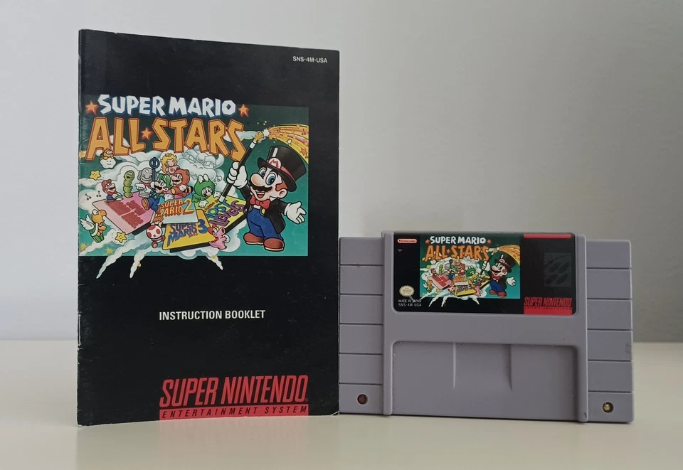 1993 SNES Super Mario All-Stars Jogo e Manual de Instruções {Funcionando Veja o Vídeo} - Imagem 1 de 4