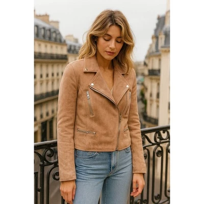 Members Only Women S Pink Faux Suede Moto Jacket Zipper Pockets Snap Collar - Image 1 of 4