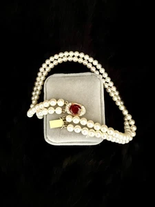 EDWARDIAN AKOYA PEARL NECKLACE with a GARNET CLASP SURROUNDED BY DIAMONDS - Picture 1 of 13