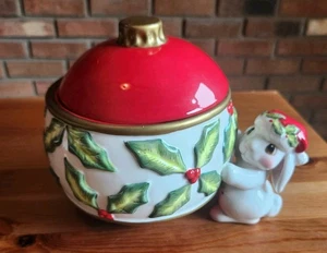 Fitz & Floyd Christmas Bunny Blooms Lidded Box Candy Dish Porcelain Holly   - Picture 1 of 10
