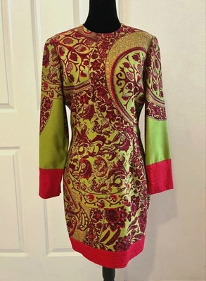 Vintage VERSACE Green & Red Floral Long Sleeve Dress, Made In Italy, Signed - Image 1 of 4