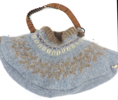 Cartera/bolso suéter hecho a mano fieltro lana azul/beige correa decorativa forrada/bolsillo Foto 1 de 4