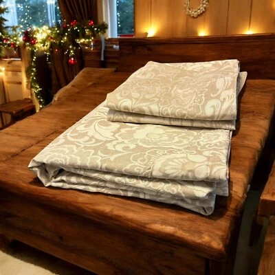 Portugal Duvet Cover Set With 2 Shams- Queen Size- Tan & White Floral Scrolls  - Image 1 of 4