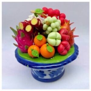 Clay fruit on Ceramic Pedestal Tray for Buddha Statue Worship Offering Thailand