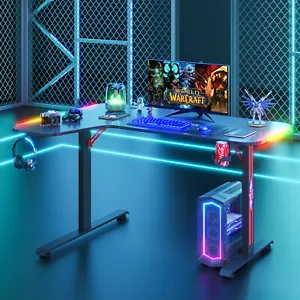 Ufurniture 140cm L Shaped Gaming Desk RGB LED Carbon Fiber Computer Racer Table - Picture 1 of 14