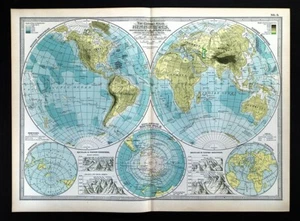 1897 Century Physical World Map South Pole Mountains Asia Europe America Africa - Picture 1 of 4